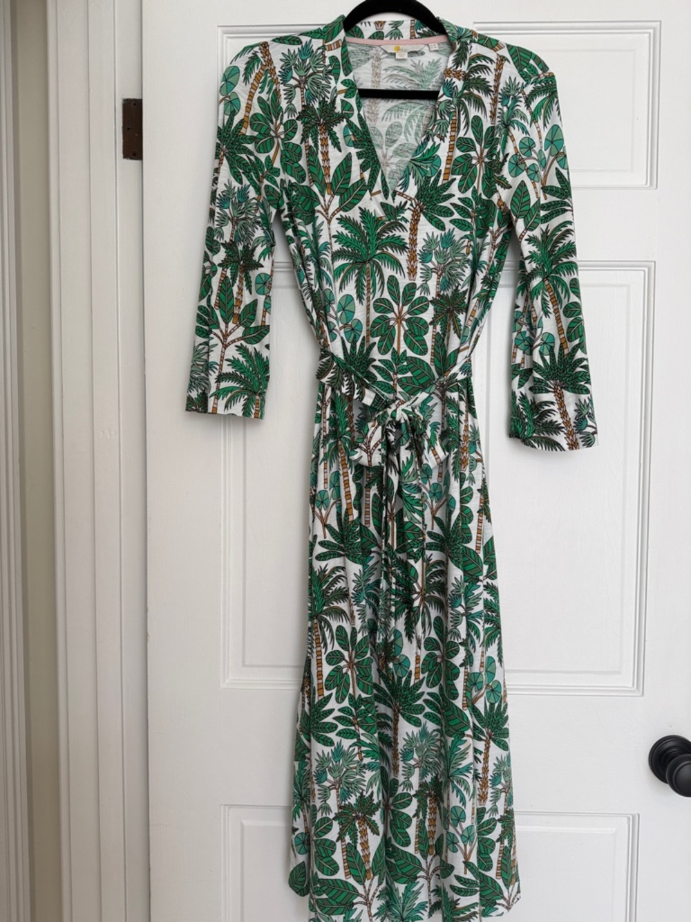 Boden Green and White Tropical-Print Wrap Midi Dress